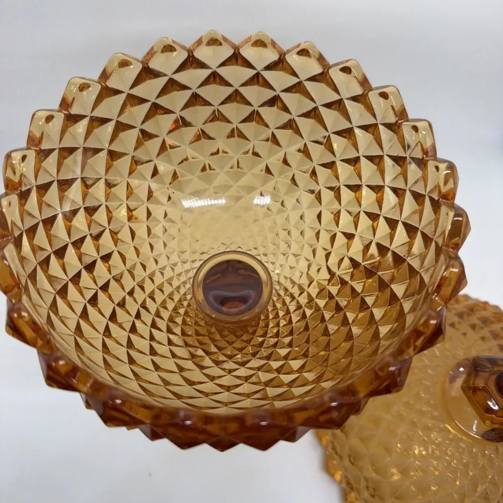 Westmoreland Diamond Point Amber Glass Lidded Pedestal Compote Bowl w/ Lid